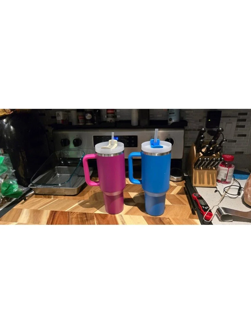 Stanley Pink and Blue Insulated Travel Mugs with Handles and Straws - Set of 2